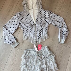 Polka Dot Lace Trim Zip Hoodie and Lace Ruffle Shorts Set - Light Gray/Black